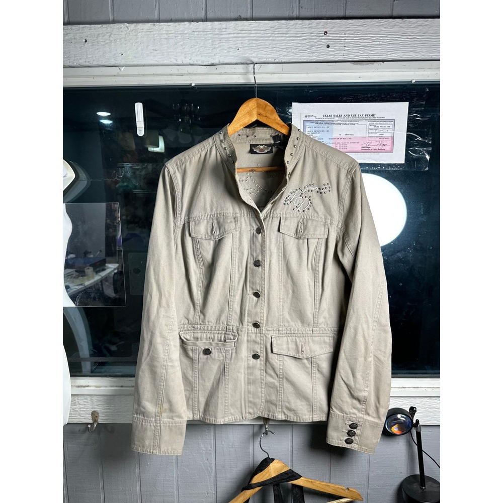 Harley Davidson Tan Khaki Studded Canvas Biker Jacket Womens XL Button Up Logo